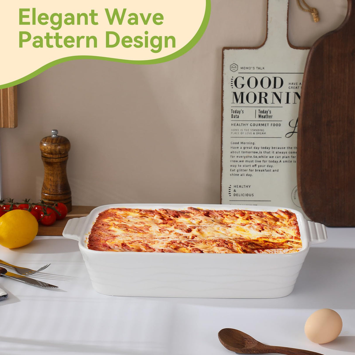 Baking Dish for Oven Casserole Dishes Bakeware Set With Ramekin Ceramic Lasagna Pan 9×12.8 Inch Large Deep Baking Dishes Rectangular Non-Stick Baking Pans for Kitchen Baking and Roasting White RUYOLIKS