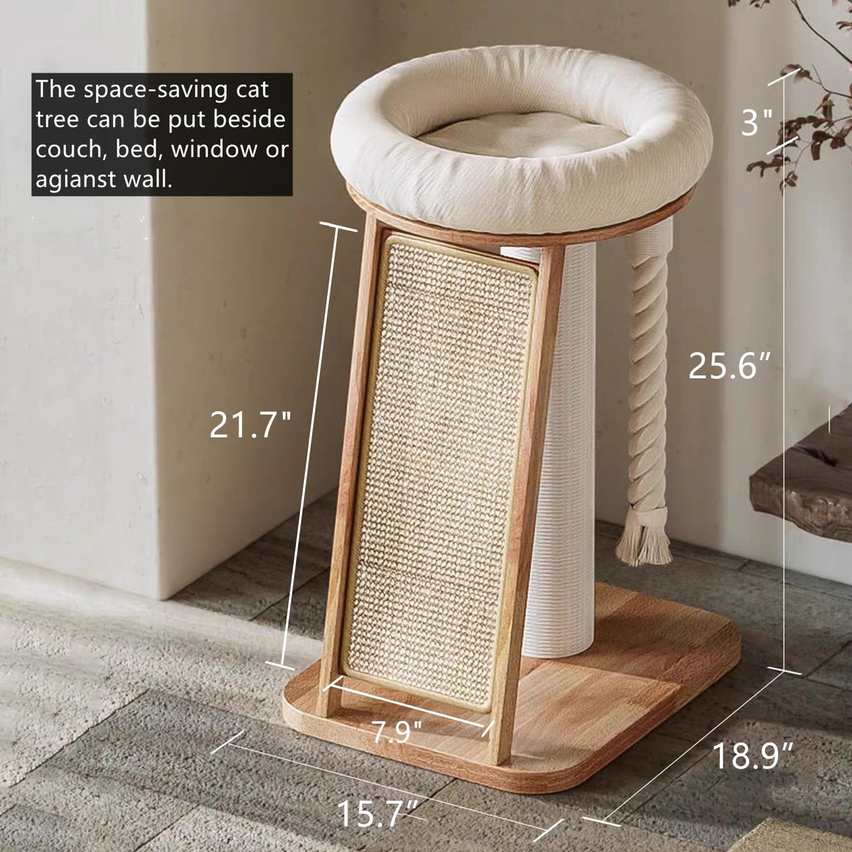 SHENGOCASE Modern Natural Wood Cute Multifunctional Cat Tree Tower Small, Large Sisal Scratching Post, Tilted Angled Ramp Scratcher, Climbing Rope Toy and Cuddle Bed SHENGOCASE