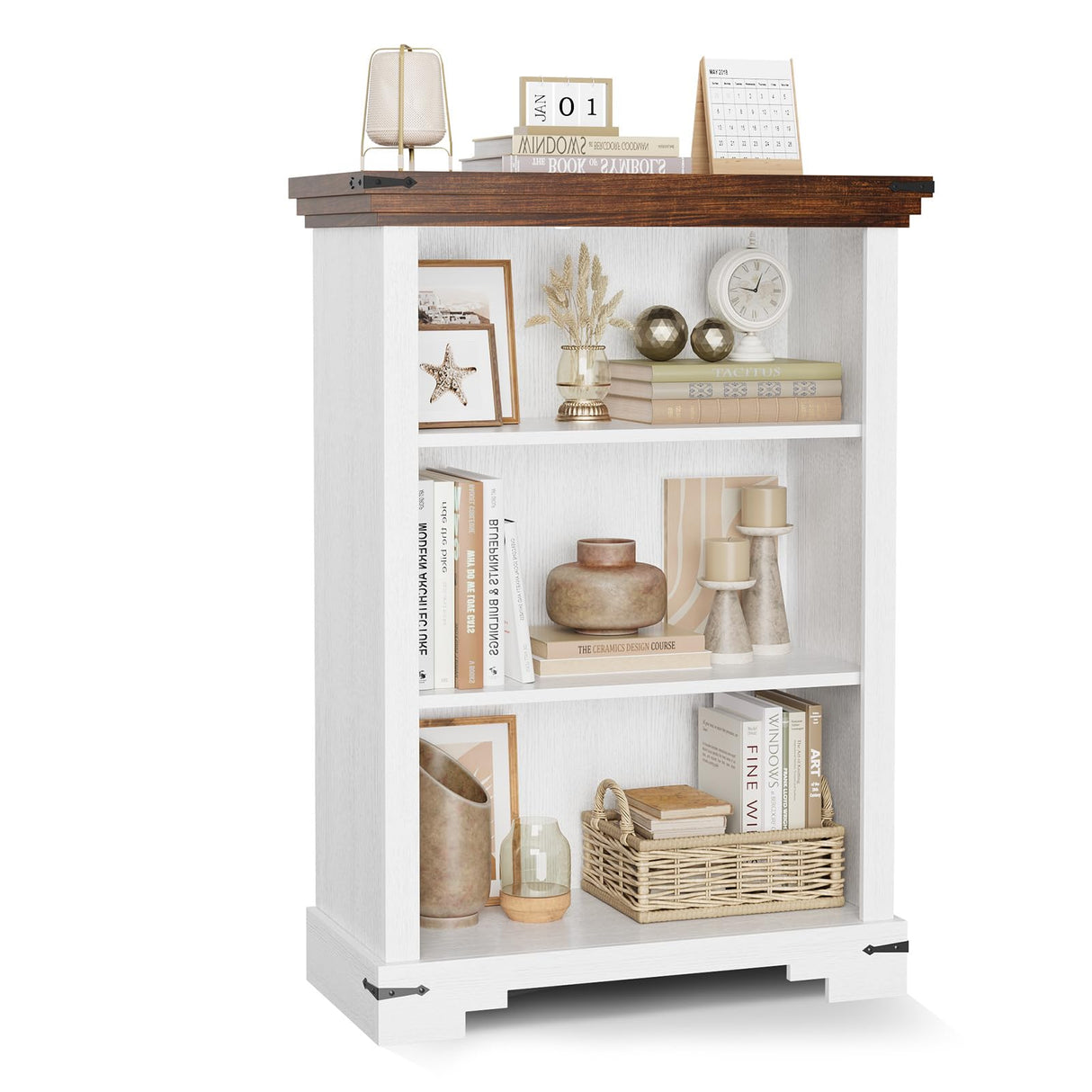 HOTLUU 3-Tier Farmhouse Bookshelf, Book Shelf with Open Storage & One Adjustable Shelf, 9.8" D x 26" W x 38" H, Wooden Bookshelf for Study Room, Living Room, Kitchen, Bedroom (White) HOTLUU