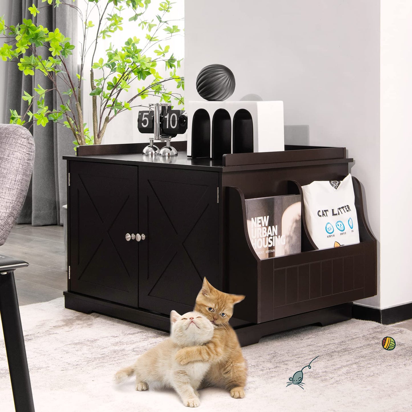 Tangkula Cat Litter Box Enclosure, Wooden Cat House Side Table w/Removable Divider, Reversible Entrance, Magazine Rack, Large Nightstand Pet House, Hidden Cat Washroom, Litter Box Furniture (Brown)