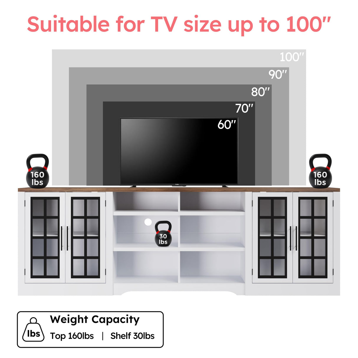 Bobve Farmhouse TV Stand for TVs up to 100", Modern Entertainment Center with 2 Cabinets and 3-Tier Open Shelves, Rustic TV Console for Living Room, Bedroom, White Bobve