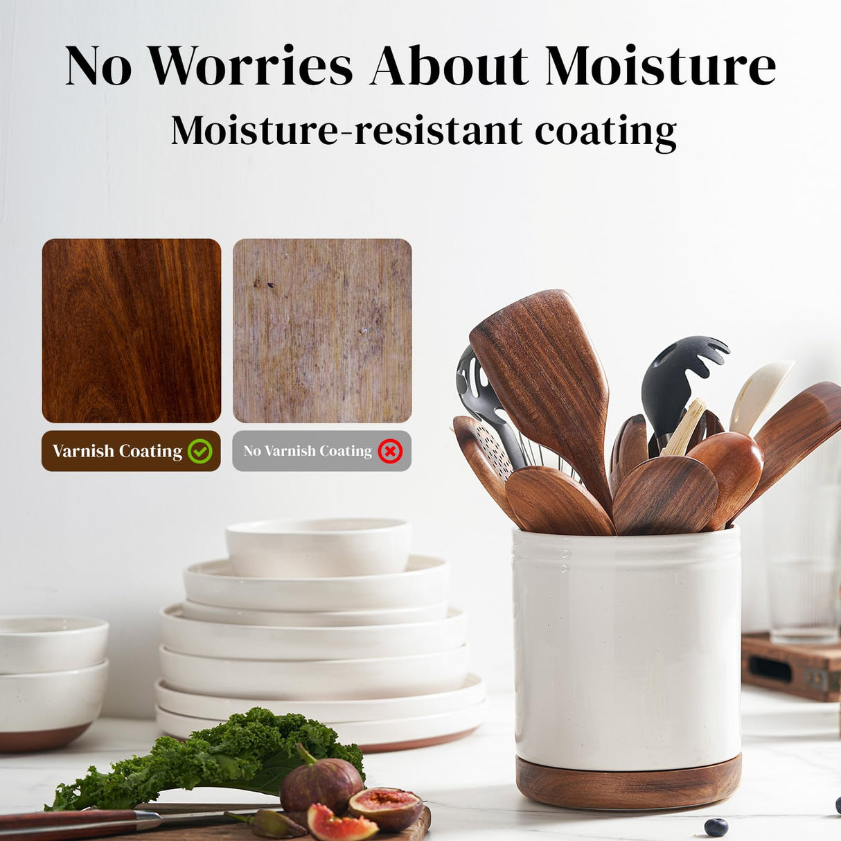 DOWAN 7.6" 360° Rotating Utensil Holder, Cooking Utensil Holder, Kitchen Utensil Holder for Countertop, Ceramic Utensil Crock, Large Utensil Holder for Kitchen Counter, Protection Cork Bottom, White DOWAN