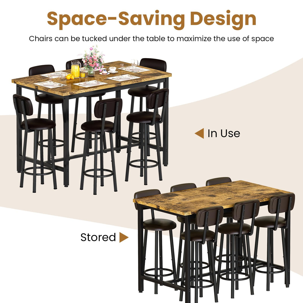 DKLGG 7-Piece Dining Table Set, 50" Bar Table Set for 6 with MDF & Metal Frame, Tall Dining with 6 PU Leather Chairs, Saving Space Pub and Chairs Sets for Bar, Kitchen, Brown DKLGG
