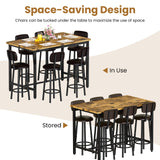 DKLGG 7-Piece Dining Table Set, 50" Bar Table Set for 6 with MDF & Metal Frame, Tall Dining with 6 PU Leather Chairs, Saving Space Pub and Chairs Sets for Bar, Kitchen, Brown DKLGG