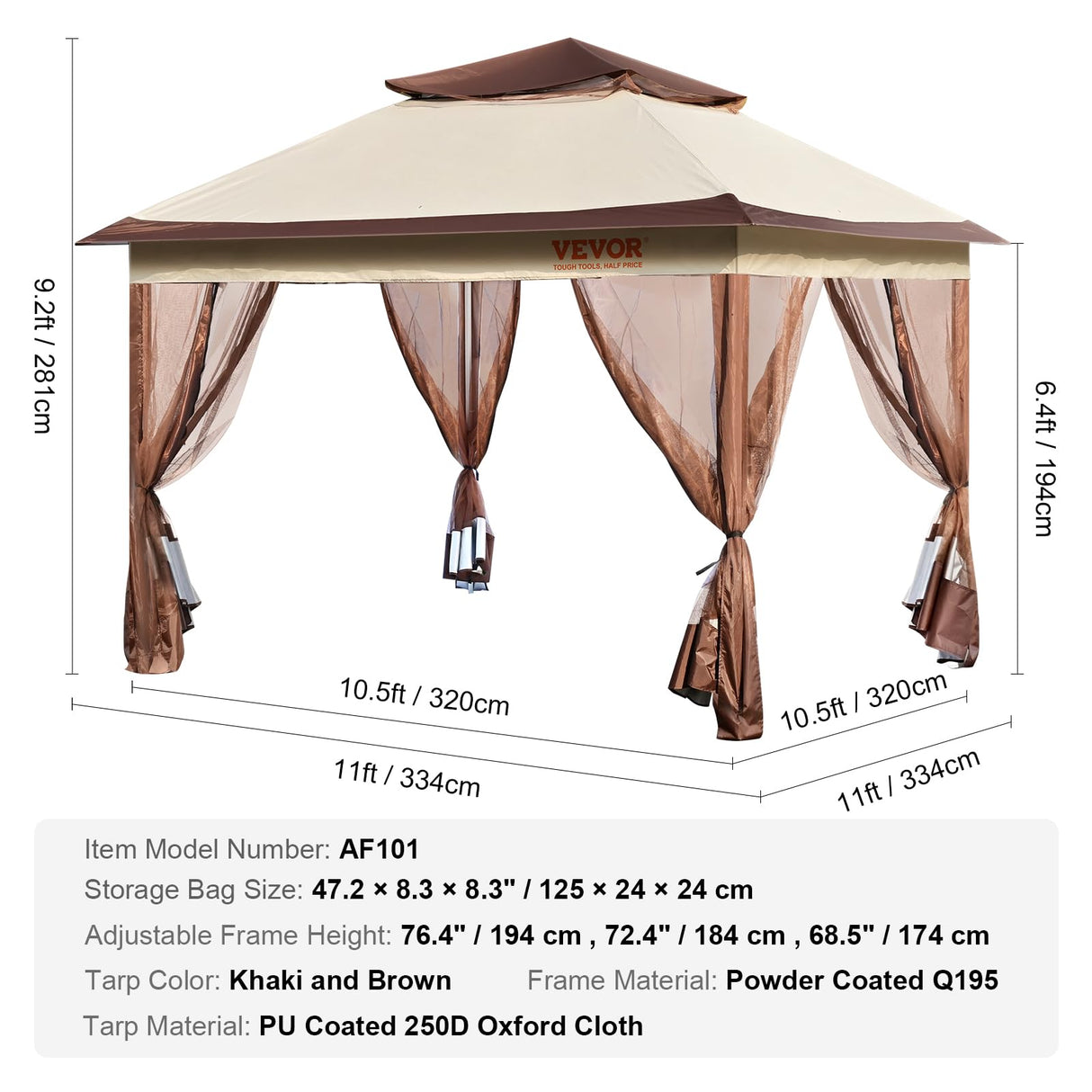 VEVOR Pop up Gazebo for 8-10 Person, with Mosquito Netting, Metal Frame, and PU Coated 250D Oxford Cloth, Outdoor Canopy Shelter for Patio, Backyard, Lawn, Garden, Deck, 11 x 11 FT, Brown VEVOR