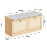 MHOM Rattan Shoe Bench for Entryway, Hallway and Bedroom - Boho Bench With Storage Cabinets and Seat Cushion - Wooden Storage Bench Fits up to Size 16 - Natural Oak MHOM