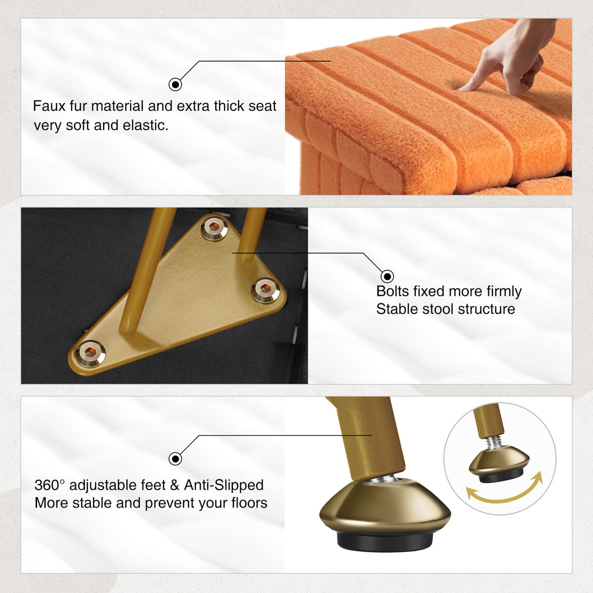 Greenstell Vanity Stool Chair Faux Fur with Storage, 15.7"L x 11.8"W x 19.4"H Soft Ottoman 4 Metal Legs with Anti-Slip Feet, Furry Padded Seat, Modern Multifunctional Chairs for Makeup, Bedroom,Orange GREENSTELL