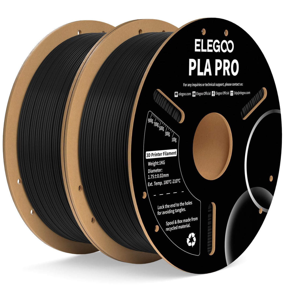 ELEGOO PLA PRO Filament 1.75mm Black 2KG, Improved Rigidity Easy to Print 3D Printer Filament Dimensional Accuracy +/- 0.02mm, 2pcs 1kg Spool (2.2lbs) for Most FDM 3D Printers ELEGOO