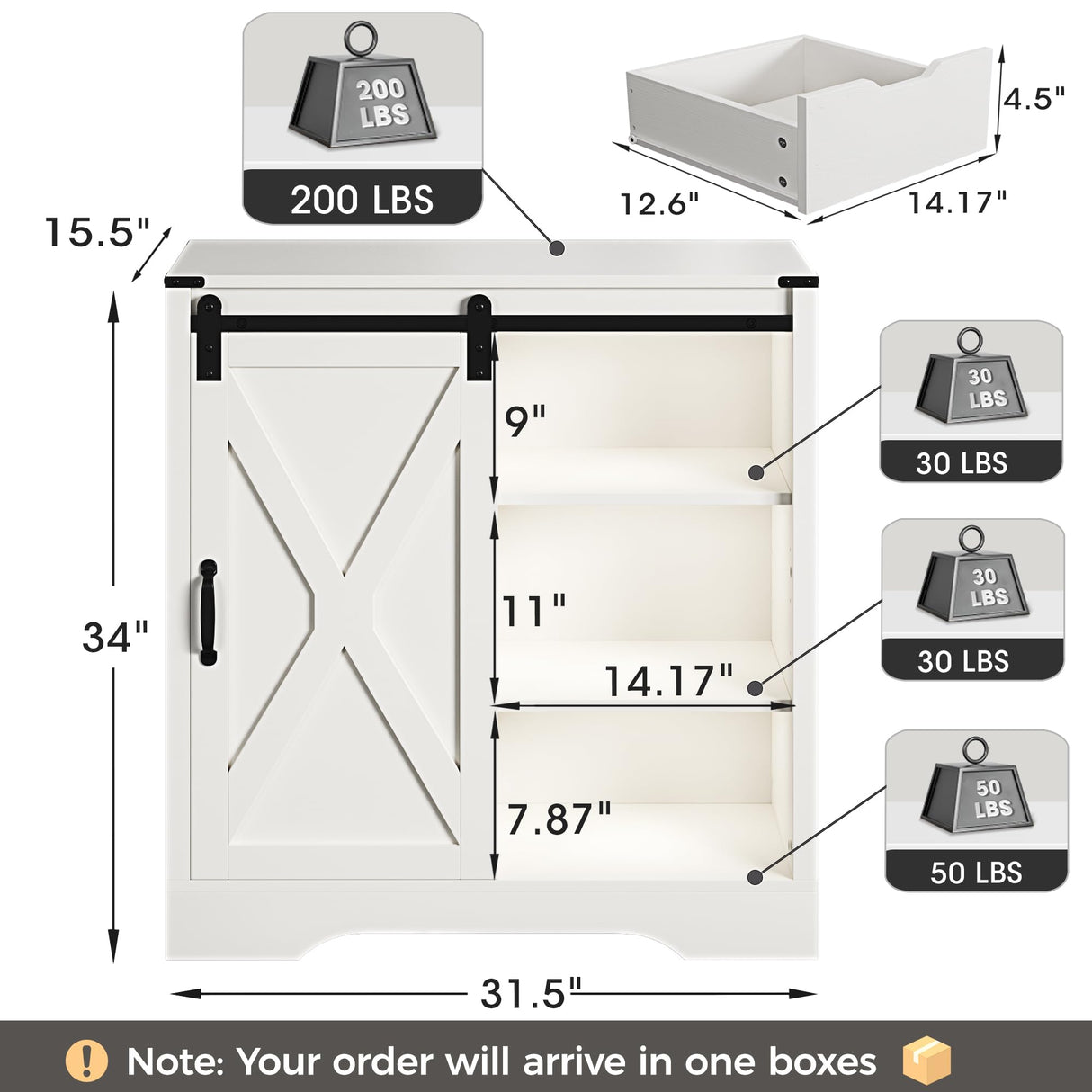 HEYNEMO Farmhouse Coffee Bar Cabinet with Sliding Barn Door, 32" H Accent Cabinet with 2 Drawers and Removable Partitions, Wooden Rustic Buffet Sideboard Storage Cabinet for Living Room, White HEYNEMO