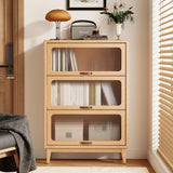AQIMUELE Solid Wood Bookcase with Glass Doors, 3 Shelf Bookshelves and Bookcases, Mid Century Modern Bookshelf with Glass Doors, Kitchen Pantry Cabinet (Natural, 31.5" W) AQIMUELE