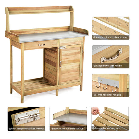 Giantex Potting Bench Table for Outside Natural Wood Garden Plant Lawn Patio Table Storage Shelf Metal Tabletop Outdoor Workstation Flower Pot Bench (Natural Fir w/Cabinet) Giantex