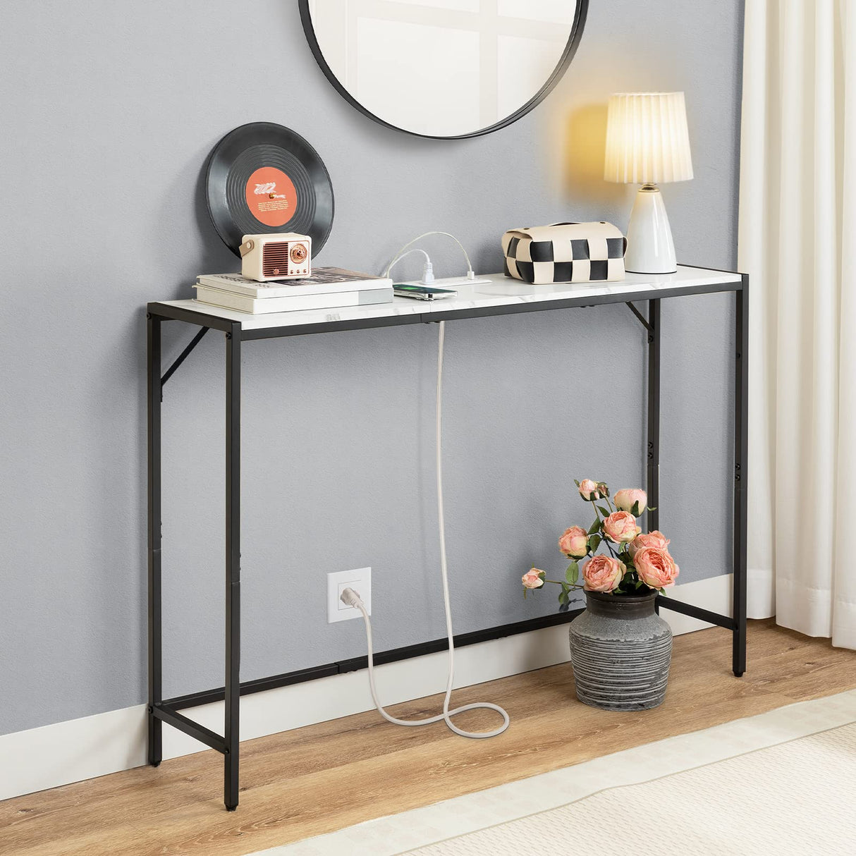 MAHANCRIS Console Table, Narrow Sofa Table, 43.3” Entrance Table with Power Station, Behind Couch Table, Simple Style, for Living Room, Hallway, Entryway, Foyer, Marble and Black CTHM112E01 MAHANCRIS