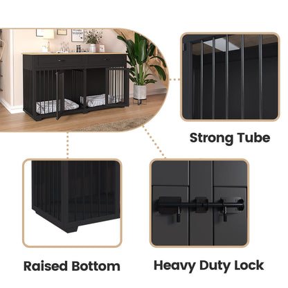 DAWNSPACES Large Dog Crate Furniture, 72" Wooden Large Dog Kennel with Drawers & Divider, Heavy Duty Indoor Dog Cage with Double Rooms for Large Medium Small Dogs, Black - WoodArtSupply