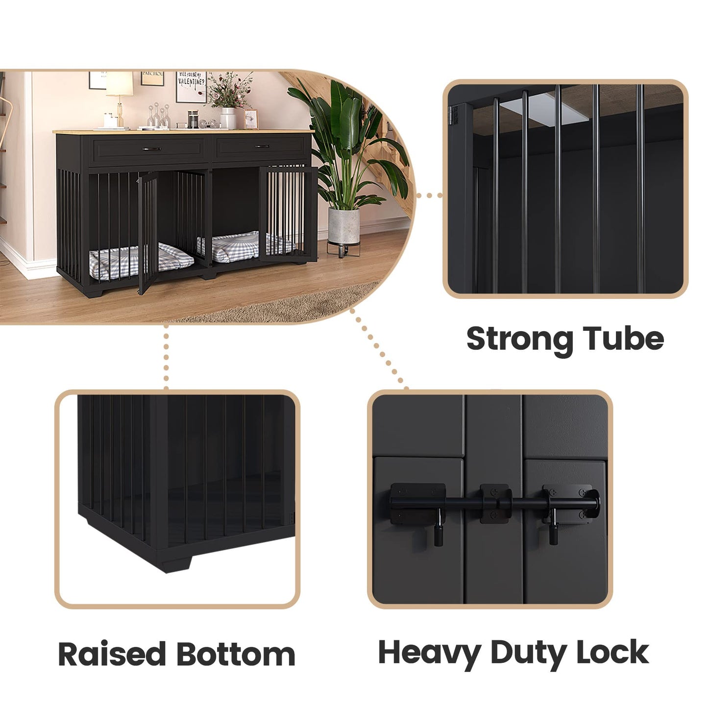 DAWNSPACES Dog Crate Furniture, 72 Inch Heavy Duty Wooden Large Dog Kennel with Drawers & Divider, Indoor Furniture Style Dog Crate with Double Rooms for Large Medium Small Dogs, Black - WoodArtSupply