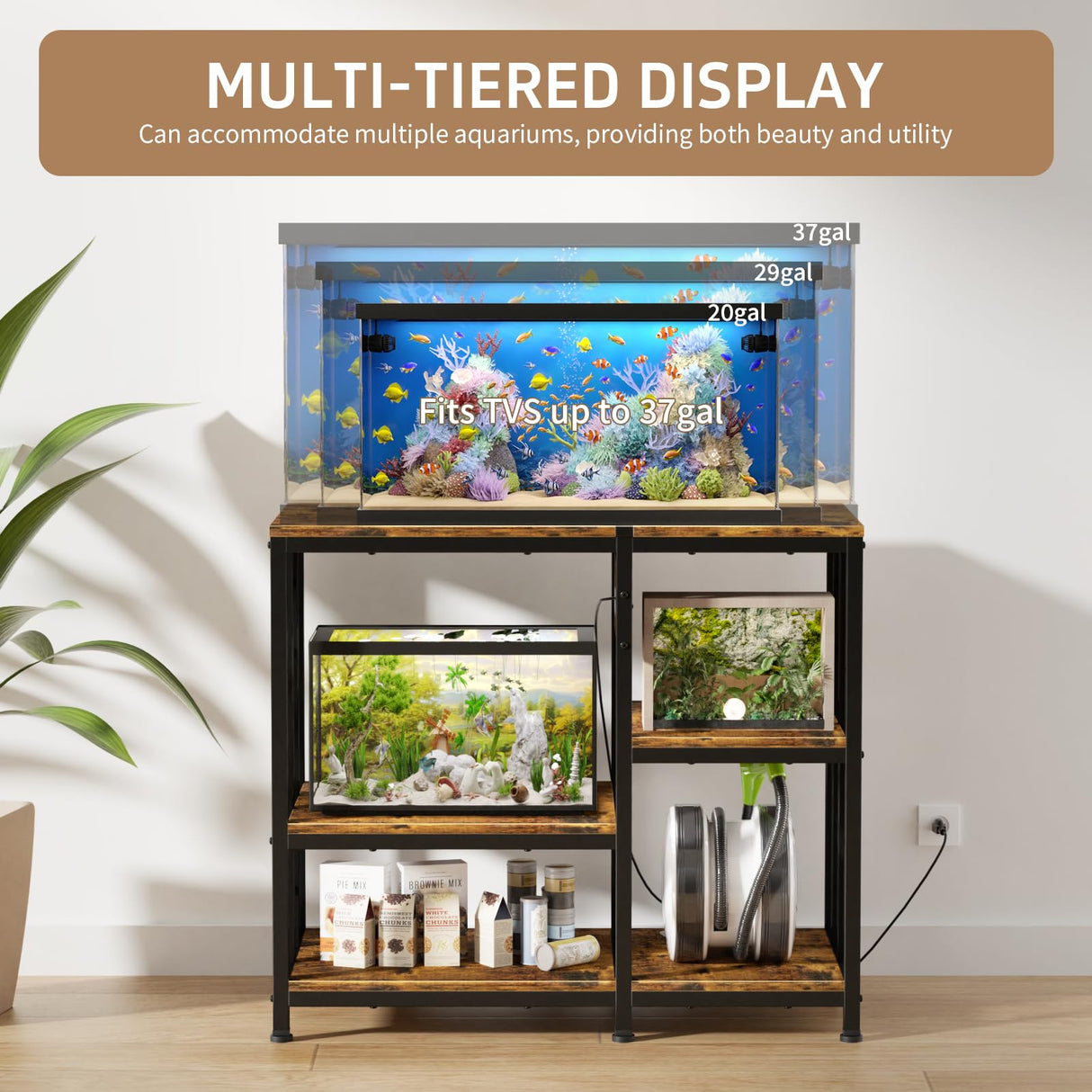 MILEFA Reinforced 40-50 Gallon Aquarium Stand with Power Outlet | Ultra-Stable 750LBS Capacity Metal Fish Tank Stand for Reptile/Aquatic Setups, 5-Tier Adjustable 37"x19" Steel Shelving System MILEFA