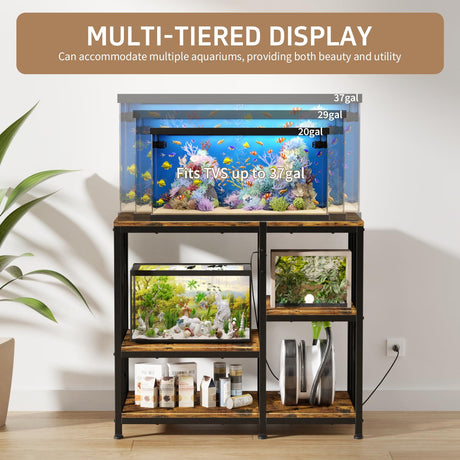 MILEFA Reinforced 40-50 Gallon Aquarium Stand with Power Outlet | Ultra-Stable 750LBS Capacity Metal Fish Tank Stand for Reptile/Aquatic Setups, 5-Tier Adjustable 37"x19" Steel Shelving System MILEFA