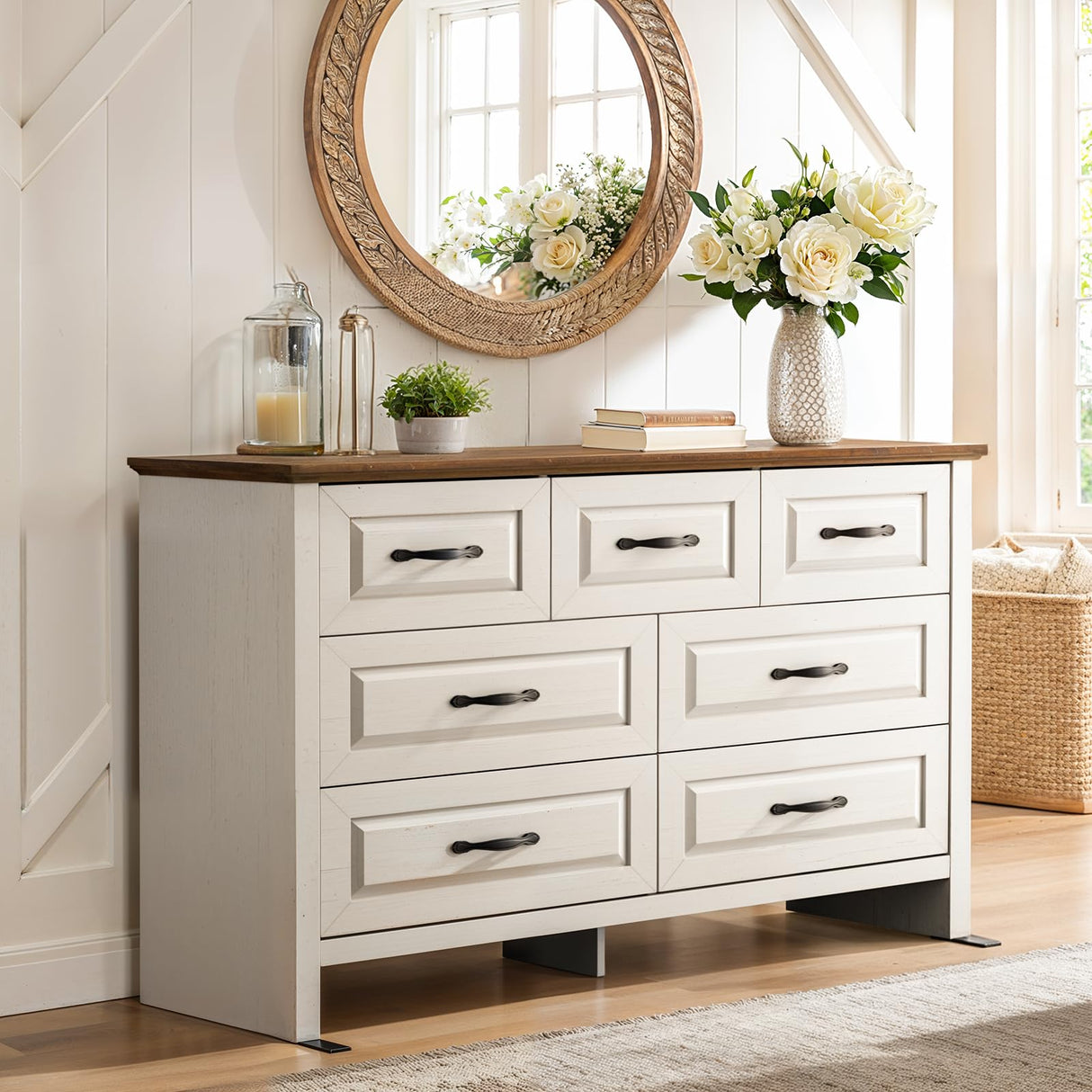 Amada Farmhouse 7 Drawer Dresser for Bedroom, 47.2 Inch Wide Wood Dresser with Natural Texture, Large Drawers, Rustic Farmhouse Chest of Drawers for Bedroom, Living Room, Hallway, Brown & White AMADA HOMEFURNISHING