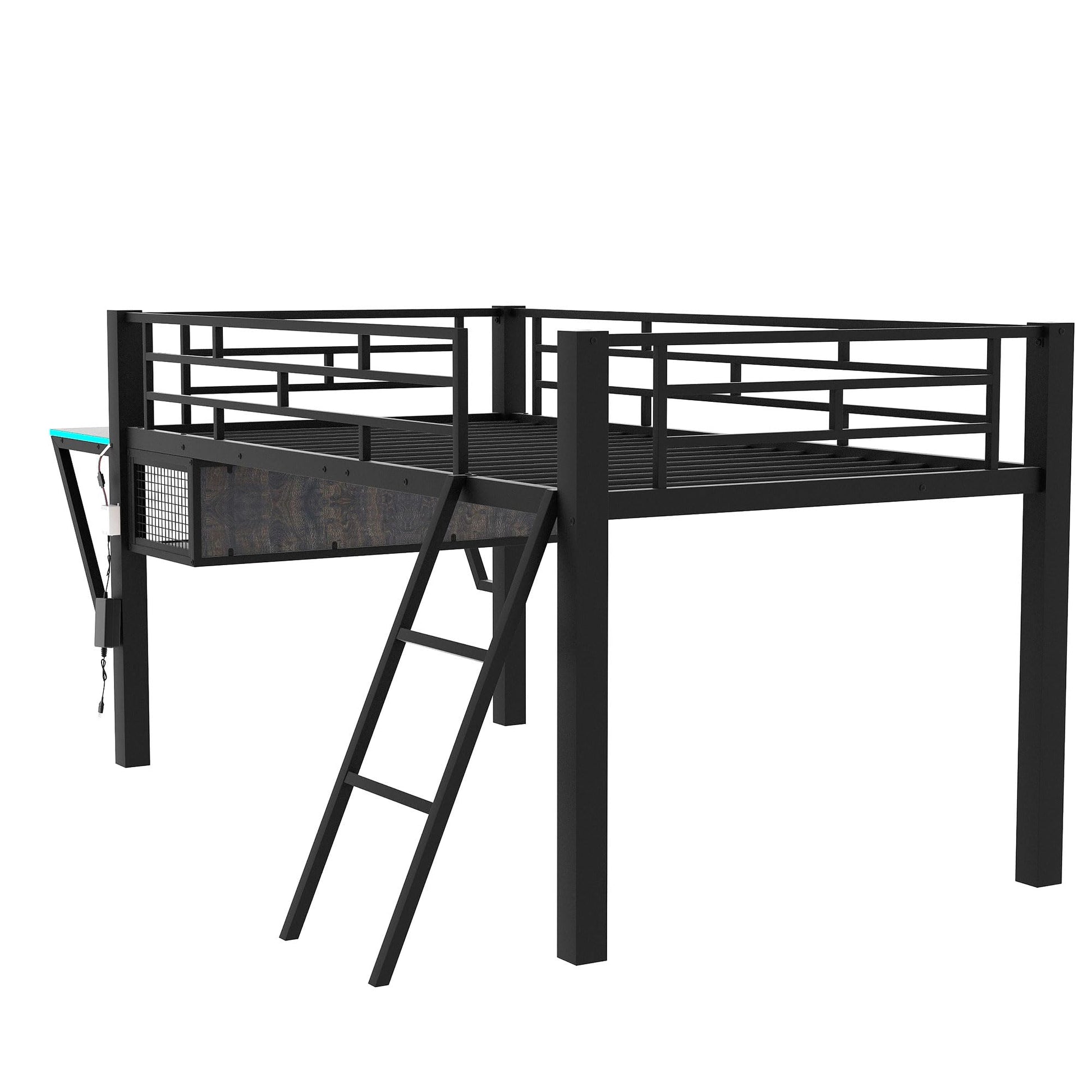 Linique Black Twin Size Gaming Loft Bed with Desk, LED Lights, and Staircase - WoodArtSupply