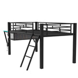 Twin Size Gaming Mid Loft Bed with Desk,Inclined Ladder and LED,Metal Low Loft Bed Frame with Vented Mesh Undercarriage Storage for Kids Teen Girls Boys Adults Bedroom Furniture (Black-01, Twin) HZSMHDZKJ