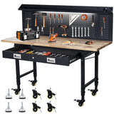 ACONEE 60" Adjustable Workbench with Drawer Storage, Heavy-Duty Worktable with Pegboard & Power Outlet, Solid Steel Frame, 2000LBs Load Capacity Rubber Wood Top Workbench for Garage, Office, Workshop ACONEE