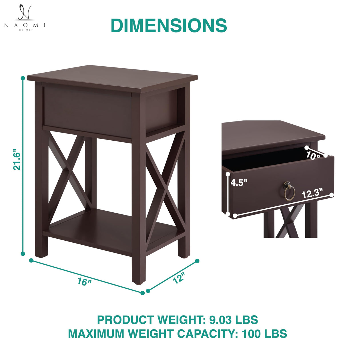 Naomi Home Eily Small Night Stand, Bedside Table with Drawers and Shelf, Sleek Bedroom Nightstand with X-Design for Small Spaces, Offices, Living Rooms - Espresso Naomi Home