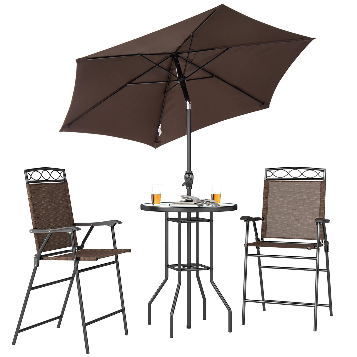 Outsunny 4 Piece Outdoor Bar Set with Umbrella, Patio Dining Set with 2 Folding Chairs, Wave Textured Tempered Glass Table for Backyard, Garden, Deck, Poolside, Brown Outsunny