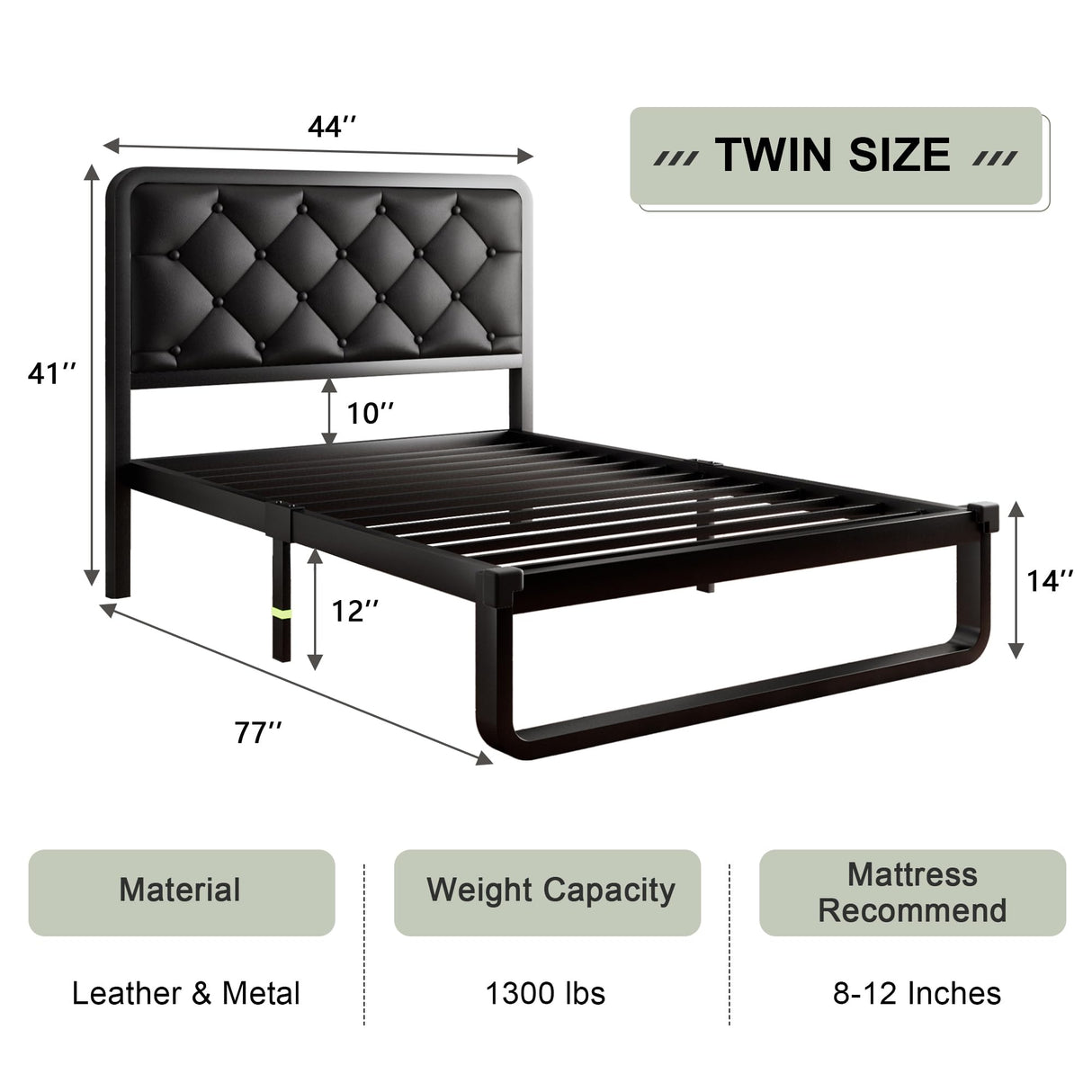Feonase Twin Bed Frame, Upholstered Platform Bed Frame with Diamond Tufted Headboard, Heavy-Duty Steel Slats, 12" Storage Space, Noise Free, No Box Spring Needed, Easy Assembly, Black Feonase