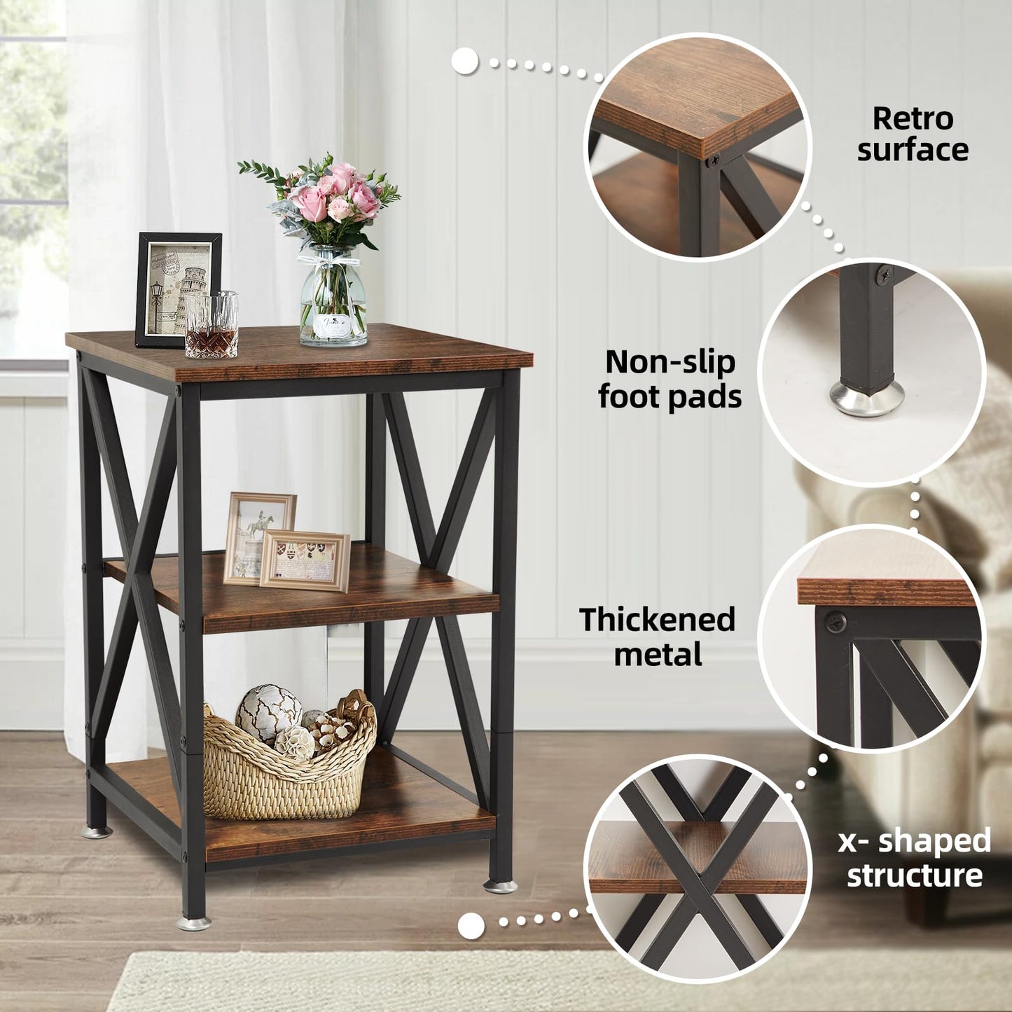 End Tables Living Room Set of 2 Farmhouse, Side Table with Storage Shelf, 16" W x 12" D x 24" H, 3 Tier Side Table Set of 2, X-Shaped Night Stands Set of 2 for Bedrooms, Coffee Table Set of 2 - WoodArtSupply