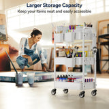 YASONIC Metal 3 Tier Rolling Cart - Heavy Duty Utility Cart with Lockable Wheels, Hanging Cups, Hooks, Mesh Rolling Storage Cart Craft Cart Organizer, Lightweight and Sturdy, White YASONIC