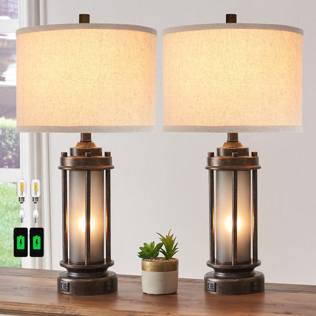 Set of 2 Farmhouse Lamps for Living Room, Rustic Vintage Bedroom Nightstand Table Lamp with 2 USB Charging Ports, Built-In Frosted Glass Night Light for End Table Entryway, 4 Bulbs Included (Bronze) AIEAMPDO
