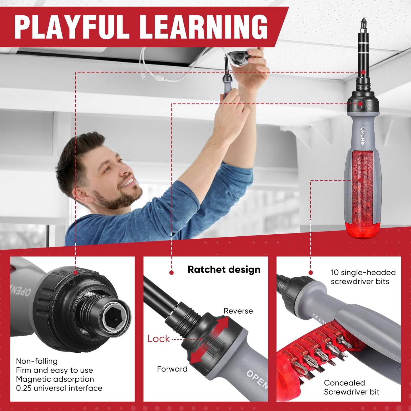 HTAIAYM 11-in-1 Ratcheting Screwdriver Set - Professional Tool with Phillips Slotted Heads, Magnetic Design, Adjustable Length - Portable Screwdriver Kit for Wide Range of Applications - WoodArtSupply