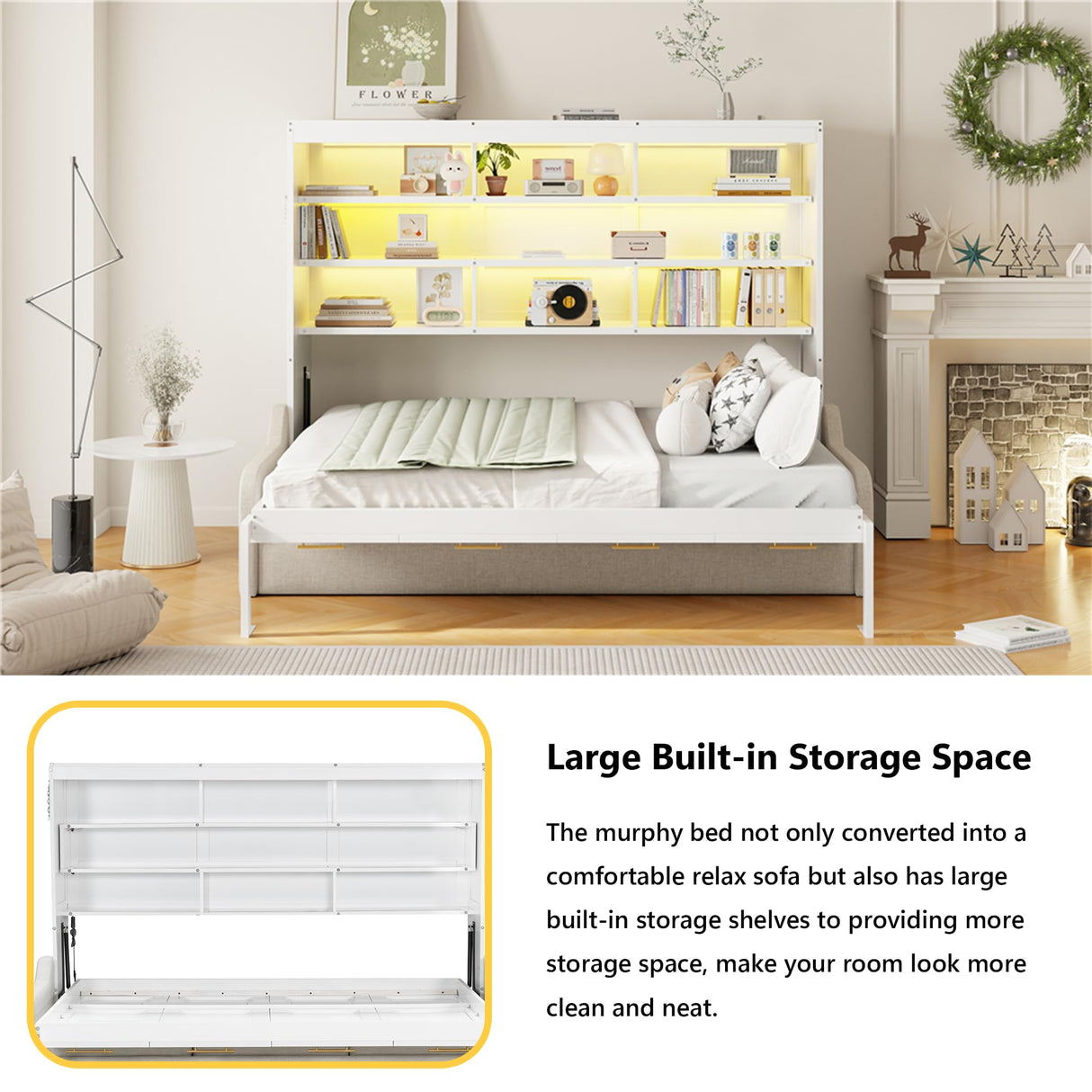 Polibi Full Murphy Cabinet Bed with Folding Sofa & Storage Shelves,LED Light,Solid Wood + MDF,No Box Spring Needed,Space Saving,87.7" L x 60" W,White+Beige Polibi