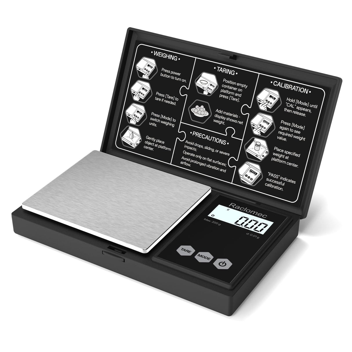 Raclomec Digital Gram Scale 200g x 0.01g Jewelry Scale, Gram, Ounce, Carat, Grain for Food, Small Ingredients, Gemstone, Coins. Raclomec