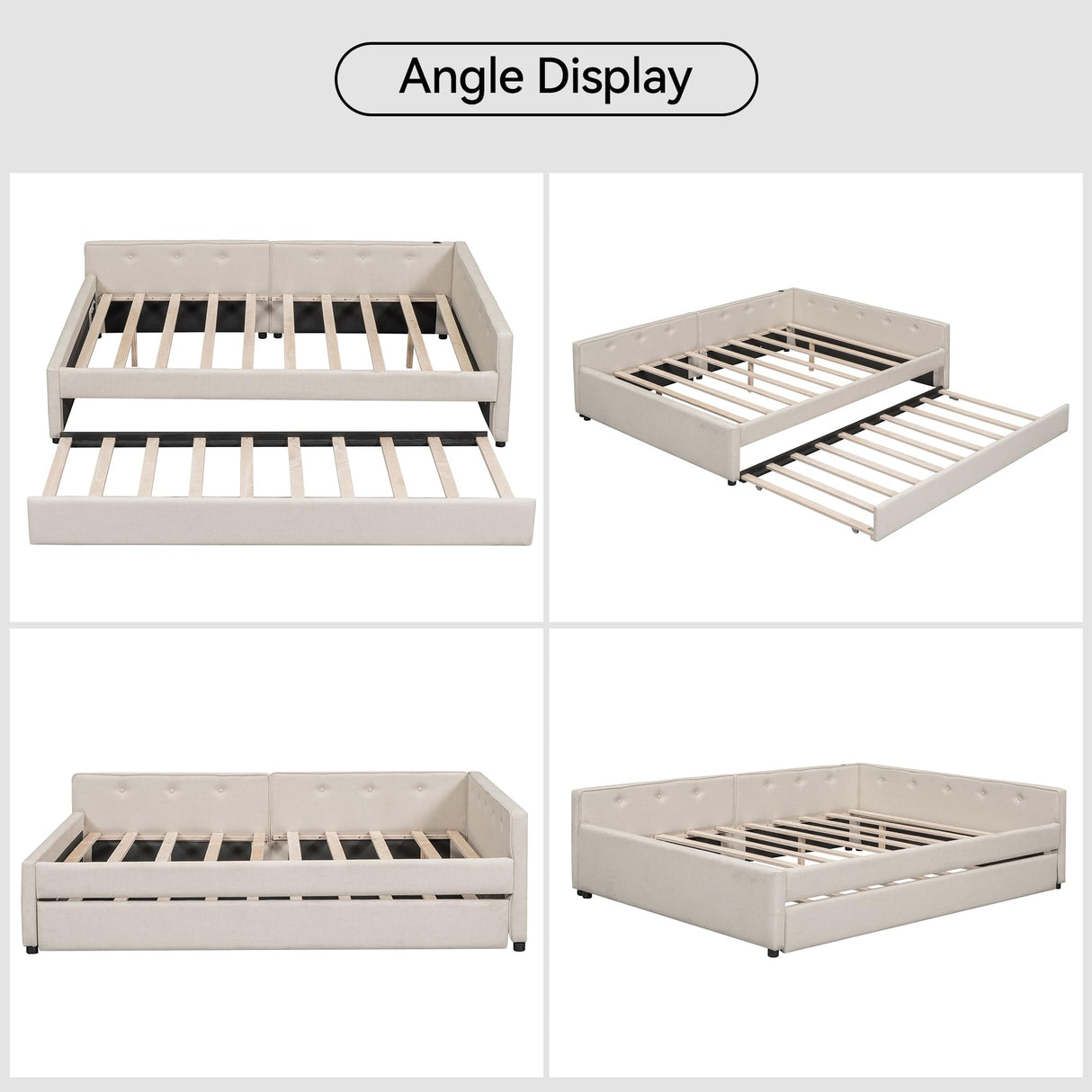 KT Rolster Full Size Daybed with Storage and USB, Modern Cloud Bed Frame with Twin Size Trundle, Linen Upholstered Platform Bed, Full Corner Daybed for Living Room, No Box Spring Required, Beige KT Rolster