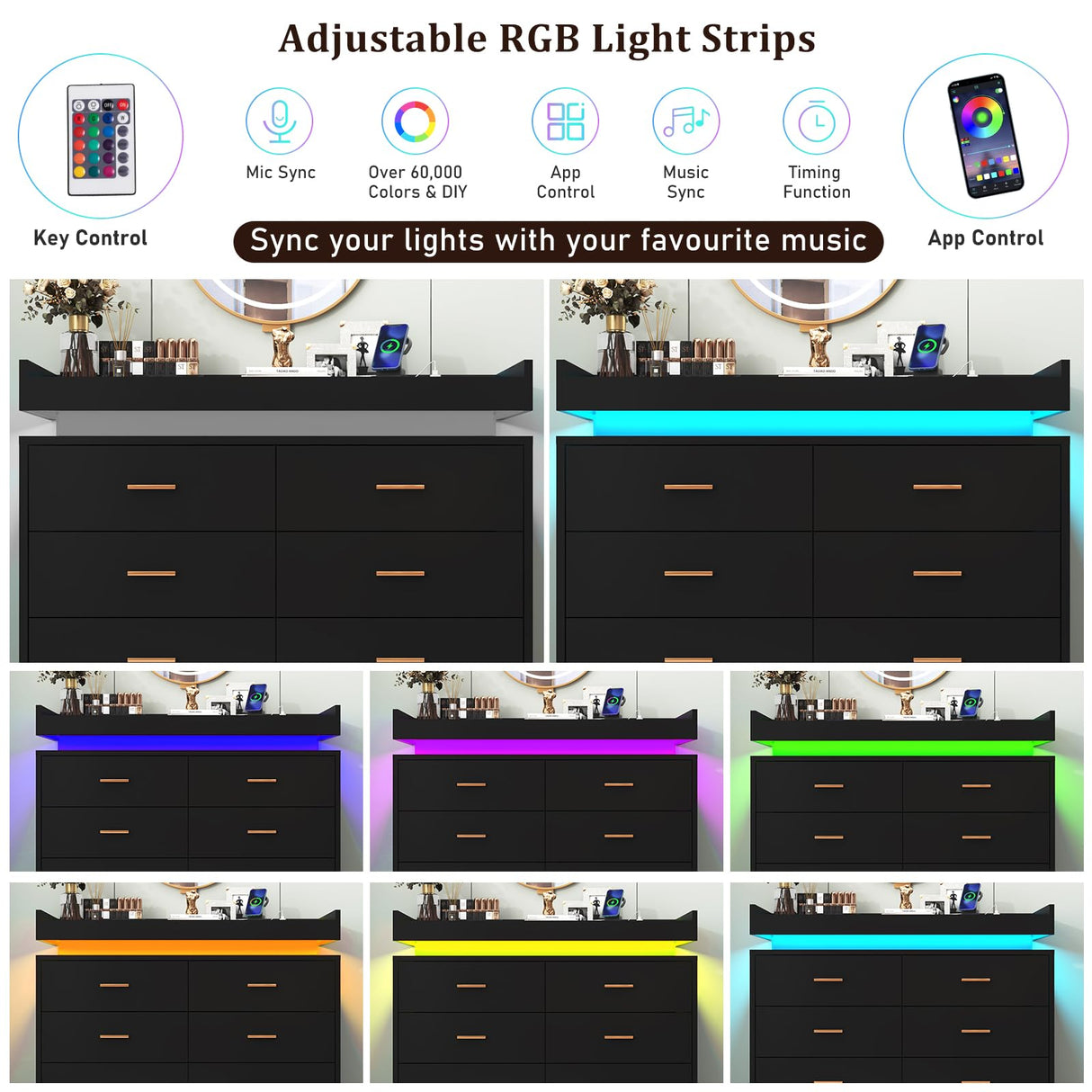 Hlivelood 8 Drawer Dresser with LED Light and Charging Station, Modern Chest of Drawers for Closet, Wide Drawer Organizer Cabinet for Bedroom, Living Room, Entryway, Hallway(Black) Hlivelood