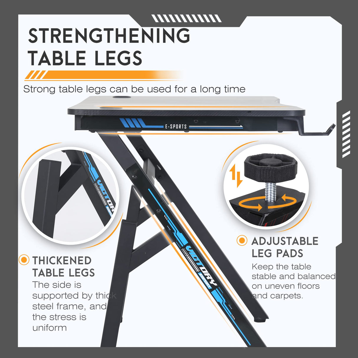 BestOffice Gaming Desk Computer Desk 47"x 23" Home Office Desk Extra Large Modern Ergonomic Black PC Carbon Fiber Table Gamer Workstation with Cup Holder Headphone Hook,Blue BestOffice