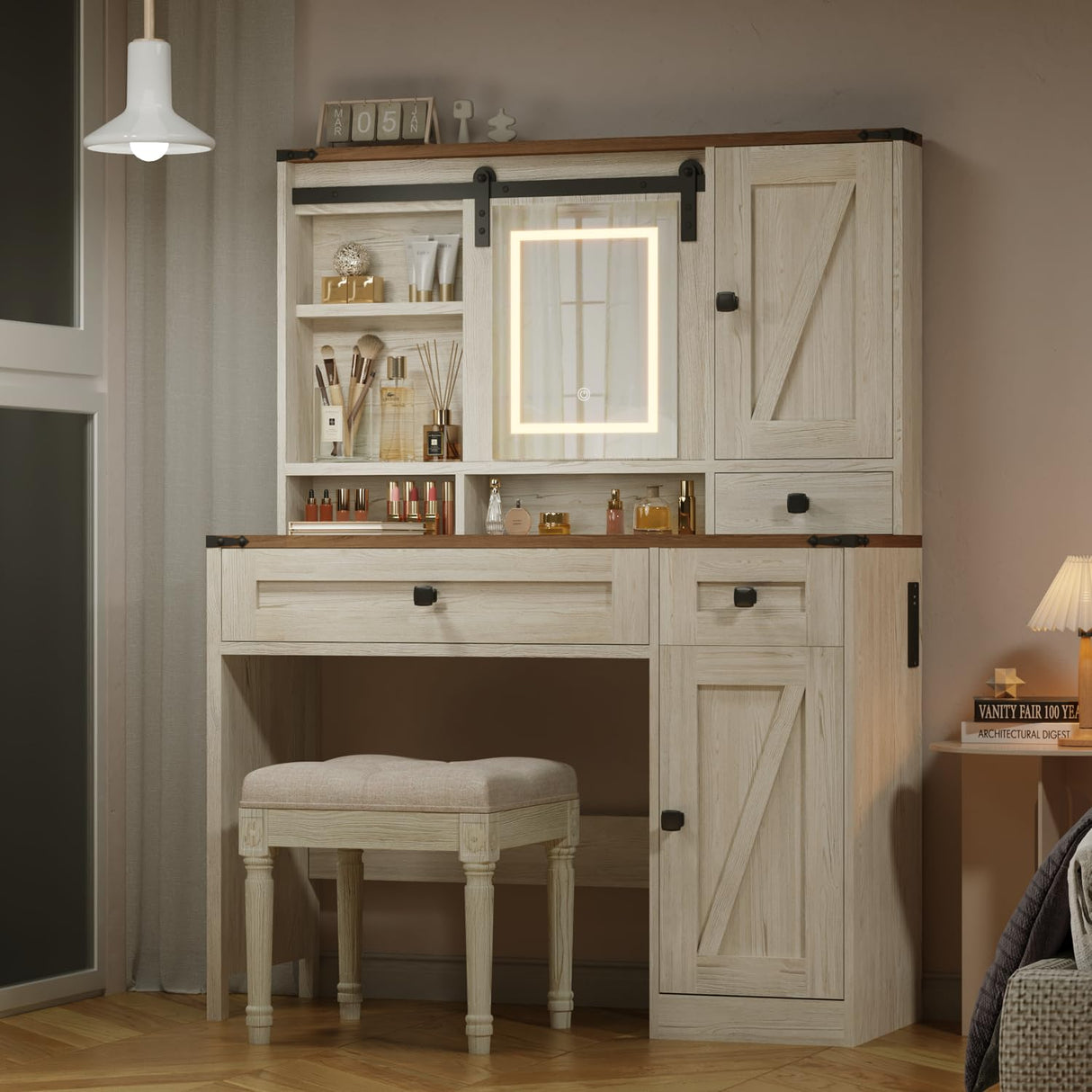 EROMMY 42" Farmhouse Makeup Vanity Desk with Lighted Mirror & Power Strips, Vanity Table with Sliding Barn Door, Open & Hidden Shelves, Drawers, Jewelry Cabinet, White Dressing Table, Light Adjustable EROMMY