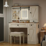 EROMMY 42" Farmhouse Makeup Vanity Desk with Lighted Mirror & Power Strips, Vanity Table with Sliding Barn Door, Open & Hidden Shelves, Drawers, Jewelry Cabinet, White Dressing Table, Light Adjustable EROMMY