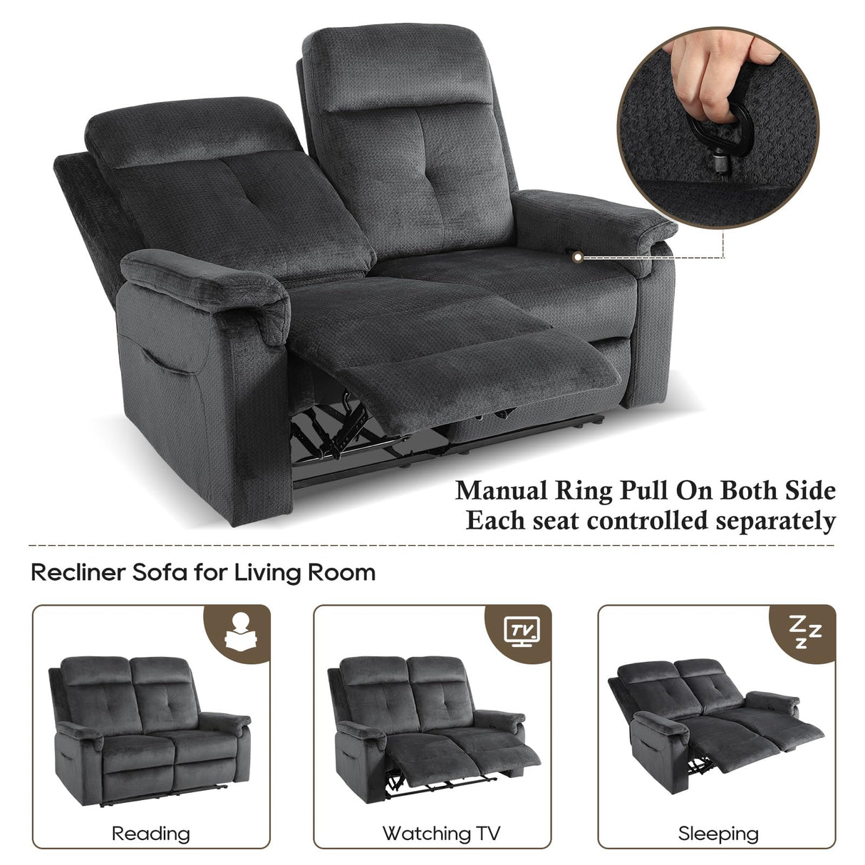 PALLOME Loveseat Recliner, Velvet Reclining Sofa, 54'' Double Recliner Loveseat with Heat and Massage, RV Theater Seating, Manual Recliner Chair for Living Room (Velvet, Grey) PALLOME