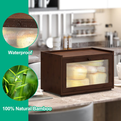 kiplant Large Bread Box for Kitchen Counter, Bamboo Bread Storage Container with Wavy Arcylic Transparent Door, Bamboo Wooden Farmhouse Bread Box for Your House (Brown)