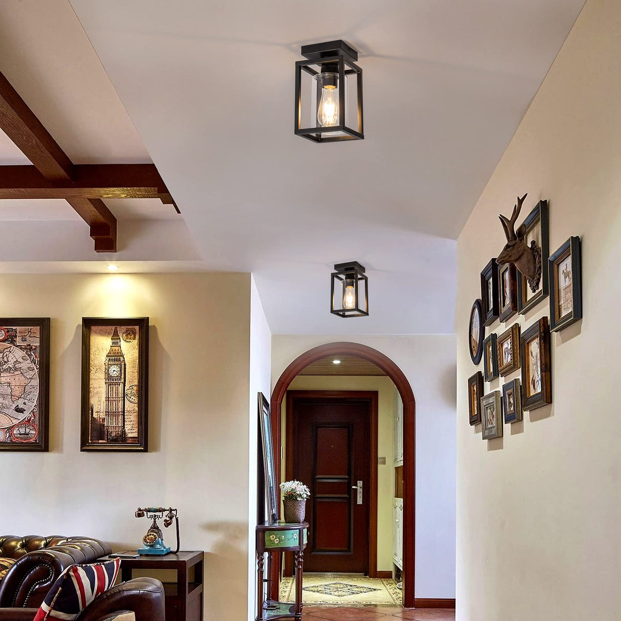 Mayful Flush Mount Ceiling Light Fixture with Clear Glass Shade, Farmhouse Black Metal Frame Light Fixture for Kitchen Island Entryway Porch Foyer Dining Room, E26 Ceramic Base Mayful