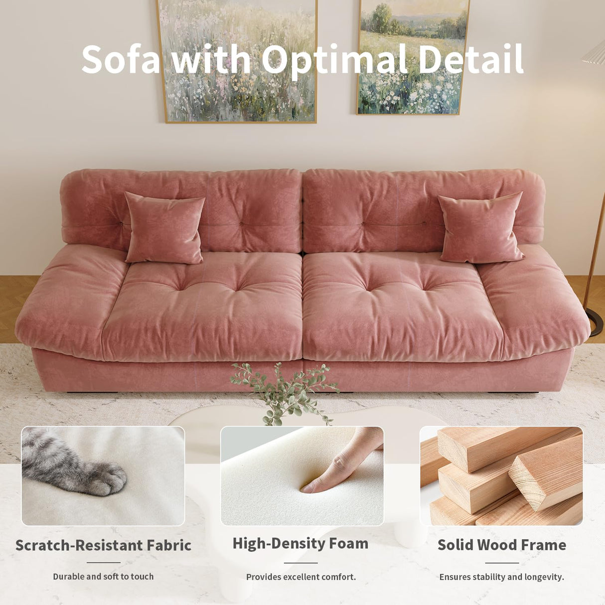 Cloud Modular Sectional Sofa,105" Scrub Velvet Minimalist Sofa Couch for Living Room, Modern LoveSofa with 2 Pillows 3 Seater for Apartment Office Studio, Deep Seat Couches,Pink WJShome