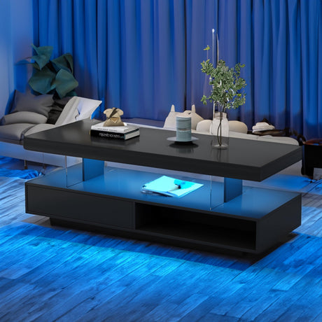 realglow LED Coffee Table with Storage, LED Coffee Tables for Living Room, High Gloss Coffee Table with LED Lights, Modern Center Table with Open Display Shelf & 2 Sliding Drawers (Black) realglow