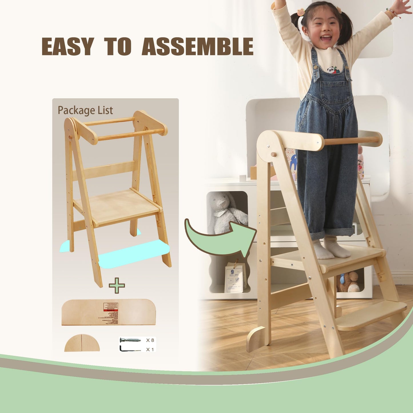 Foldable Toddler Tower 95% Preassembled Kitchen Stool Helper Folding Step Stool for Kids Montessori Toddler Standing Tower with 3 Adjustable Height Helper Tower for Kitchen Counter Sink Natural