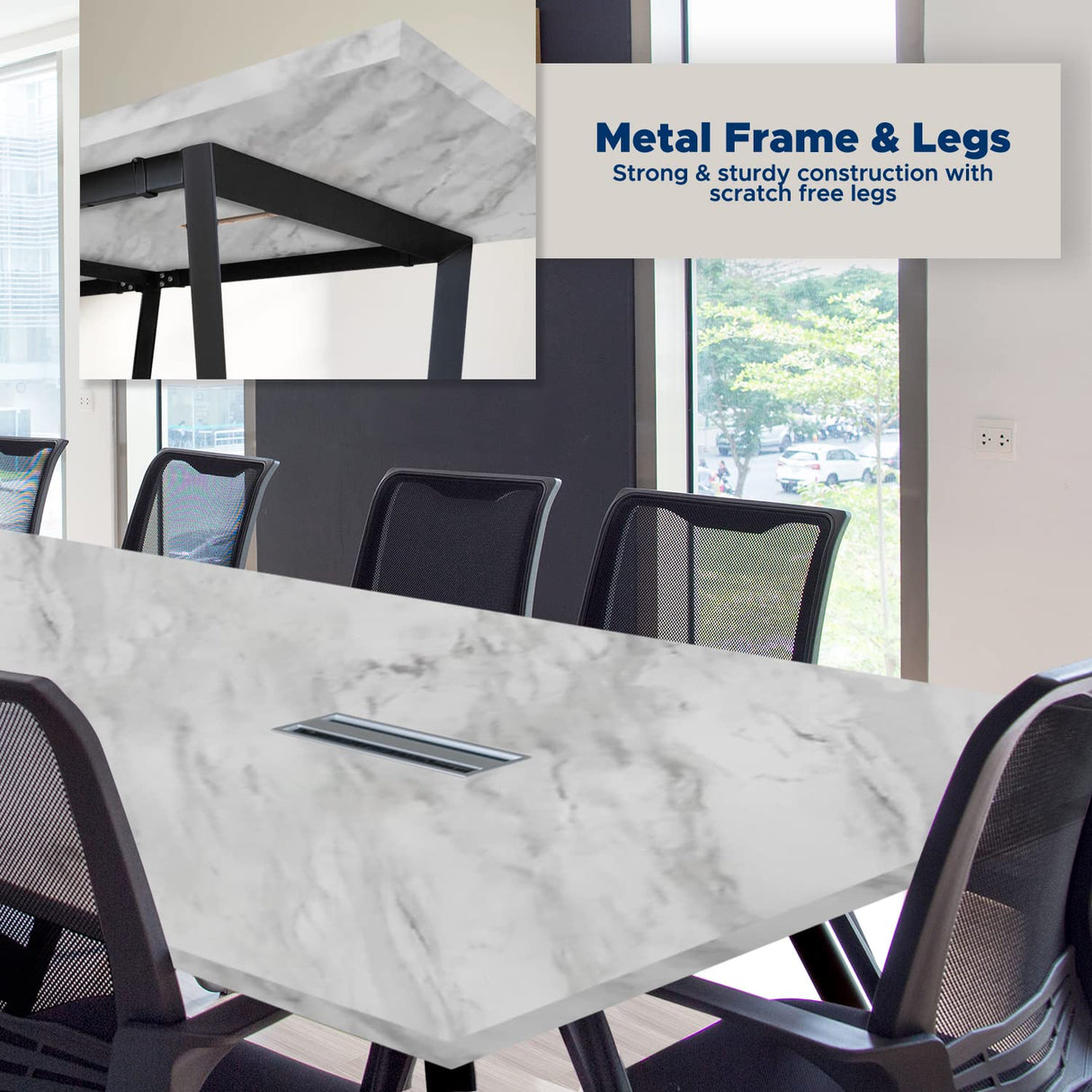 ahliss Sturdy Conference Table with Cable Management Grommets Modern Rectangle Office Meeting Table with Wood Tabletop and Metal Frame & Legs- Easy Assembly Boardroom Table (White Marble, 8 Foot) ahliss