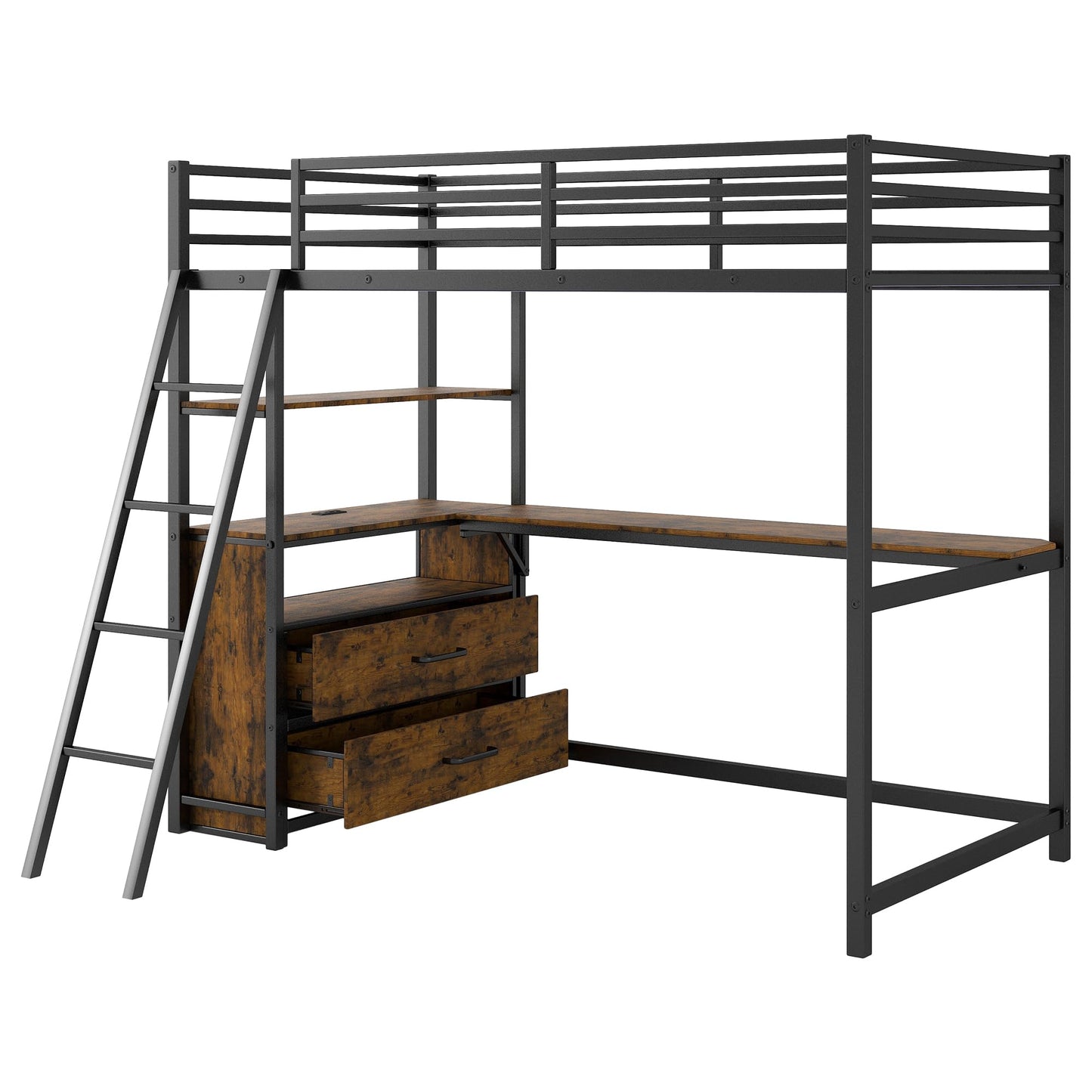 Harper & Bright Designs Metal Twin Loft Bed with Desk, LED Light & Storage Shelves,Heavy Duty Steel Loft Bed with 2 Built-in Drawers,Juniors Loft Bed Frame for Small Space,No Box Spring Needed,Black