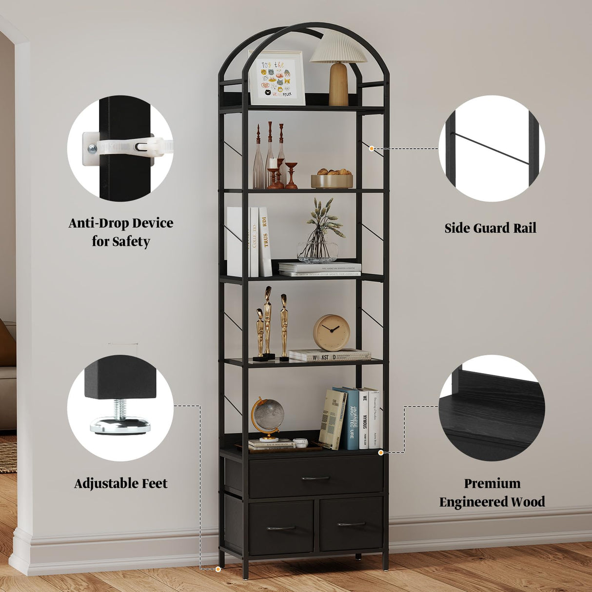 Turosur Arched Bookshelf with 3 Drawers & LED Lights, 83" Tall Narrow Bookcase with Open Shelves, 6 Tier Industrial Bookshelf for Living Room, Bedroom, Study, Black Turosur