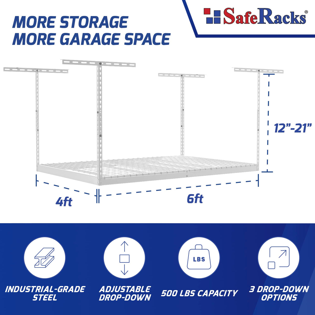SafeRacks 4x6 Overhead Garage Storage Rack - Height Adjustable Steel Overhead Storage Rack - 500 Pound Weight Capacity (White, 24"-45") SafeRacks