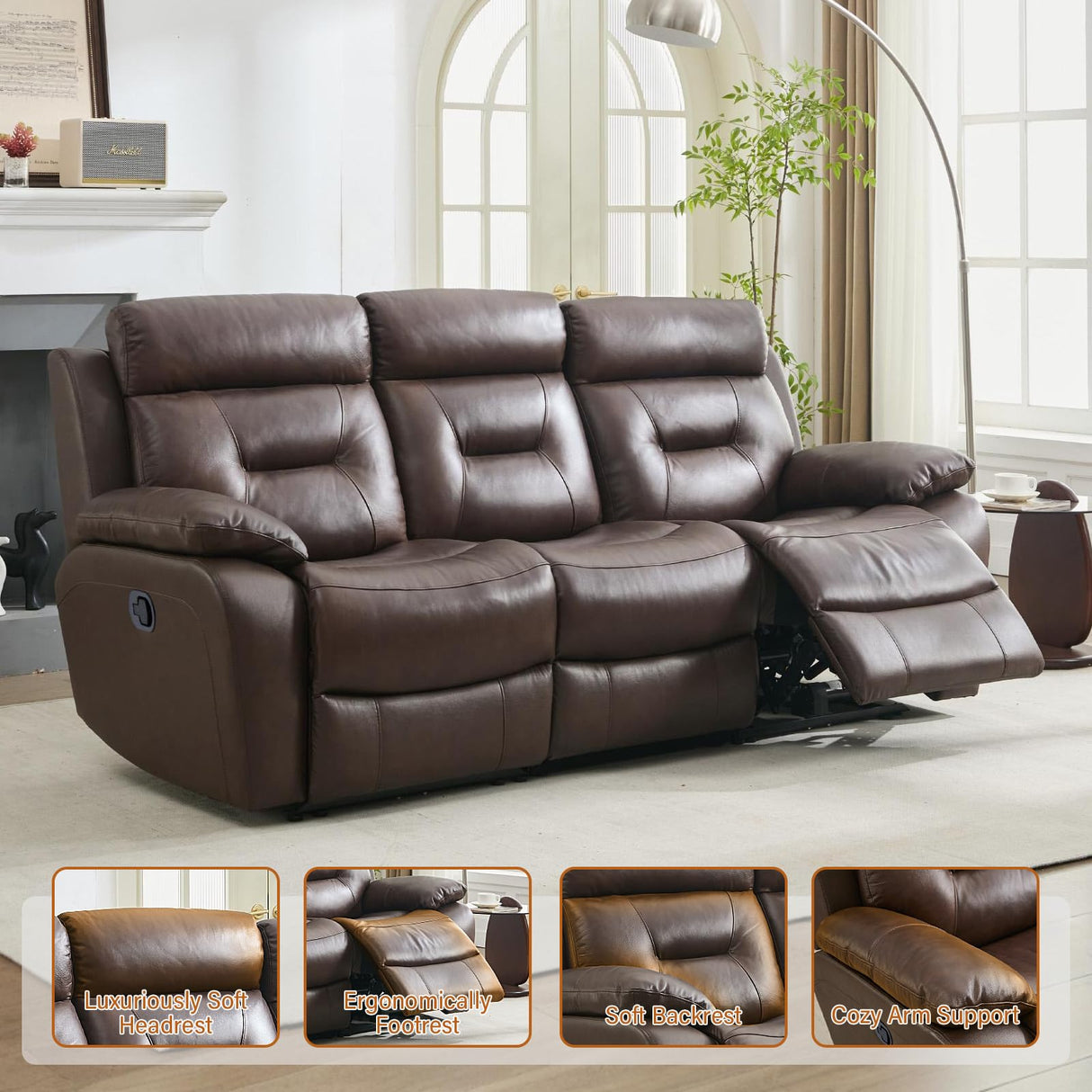 Msutree Genuine Leather Manual Reclining Sofa with Console, Oversized 3 Seater Reclining Chair, Top Grain Leather Recliner Sofa, Modern Couch for Living Room, with Drop-Down Table, Cupholders, Brown Msutree