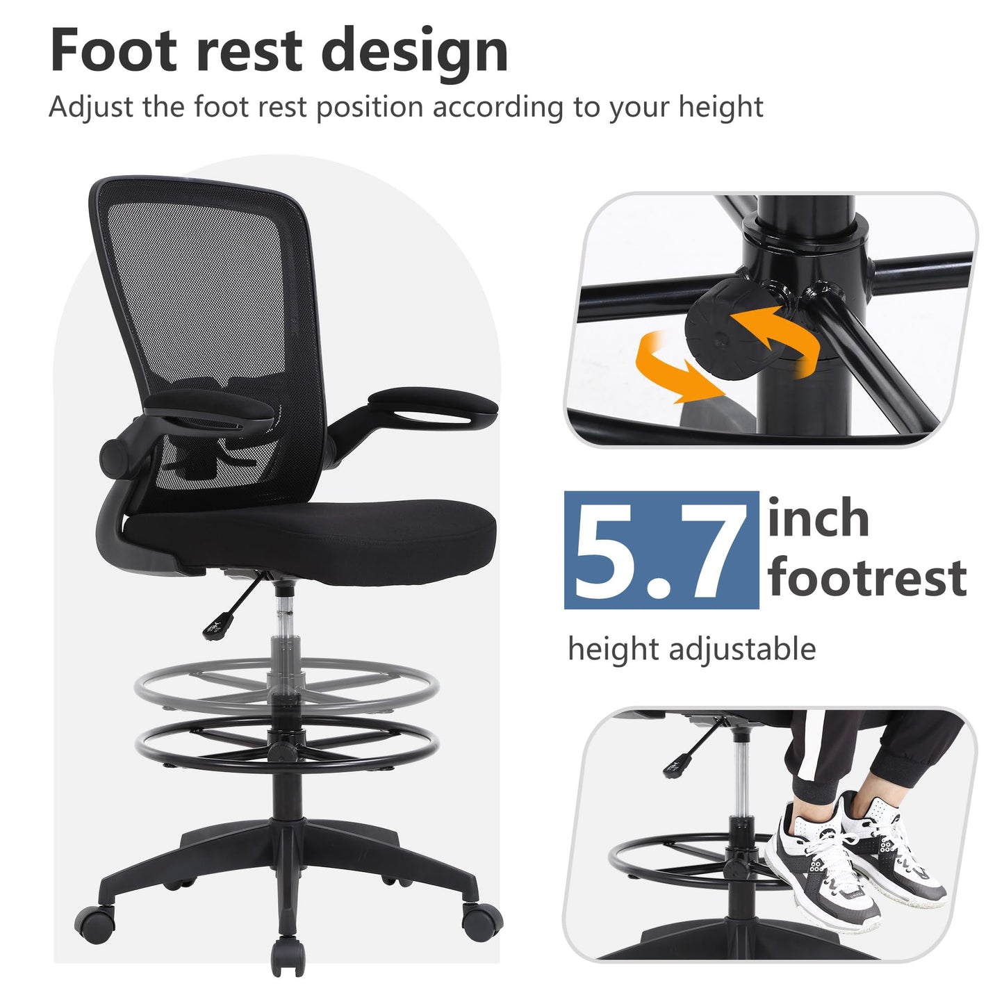 PayLessHere Ergonomic Drafting Chair Tall Office Chair High Adjustable Standing Desk Chair with Lumbar Support Mesh Back Footrest Flip-Up Arms for Office Computer Desk Standing Desk (Black) - WoodArtSupply